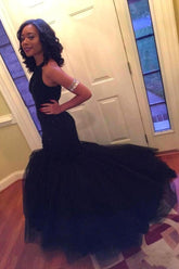 Navy Tulle Halter Mermaid Sleeveless Long Prom Dresses with Beadings